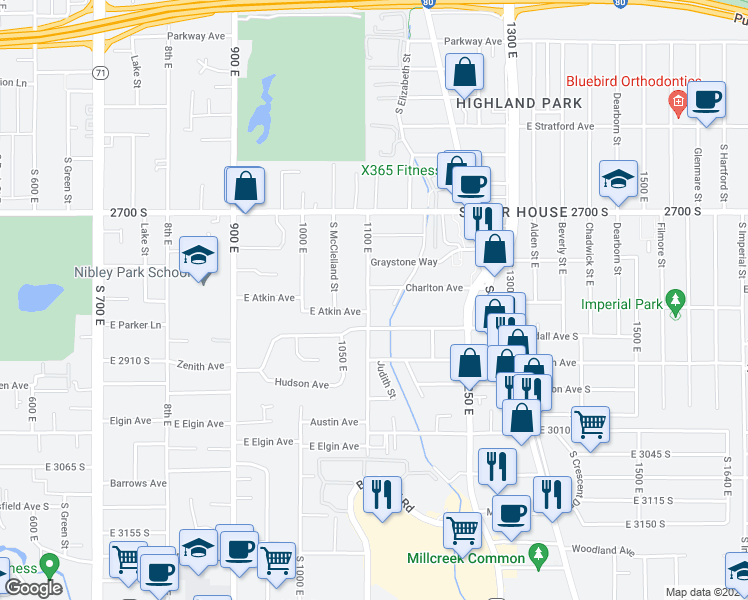 map of restaurants, bars, coffee shops, grocery stores, and more near 1106 Charlton Avenue in Salt Lake City