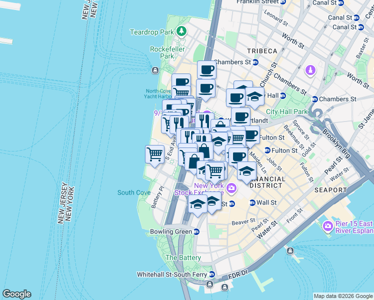 map of restaurants, bars, coffee shops, grocery stores, and more near 77 West Street in New York