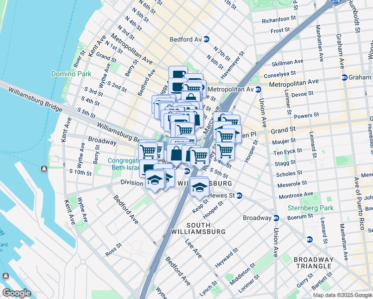 map of restaurants, bars, coffee shops, grocery stores, and more near 253 South 4th Street in Brooklyn