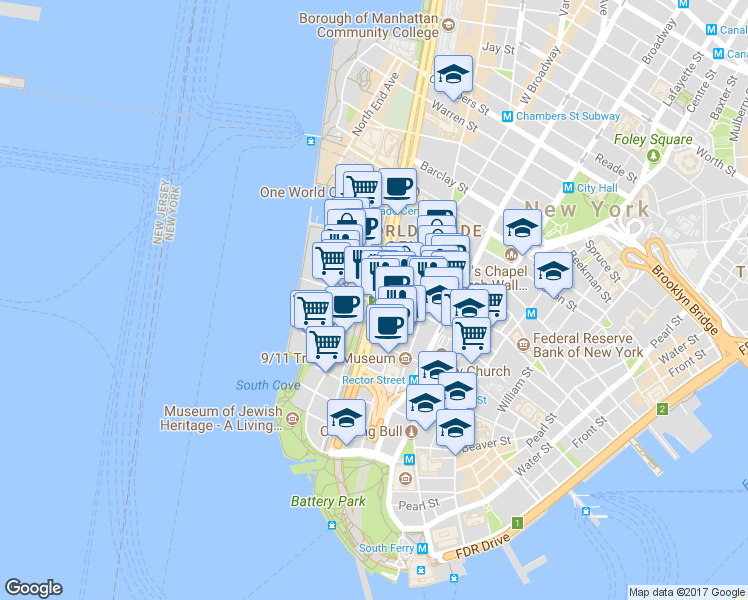 map of restaurants, bars, coffee shops, grocery stores, and more near West Street & Albany Street in New York