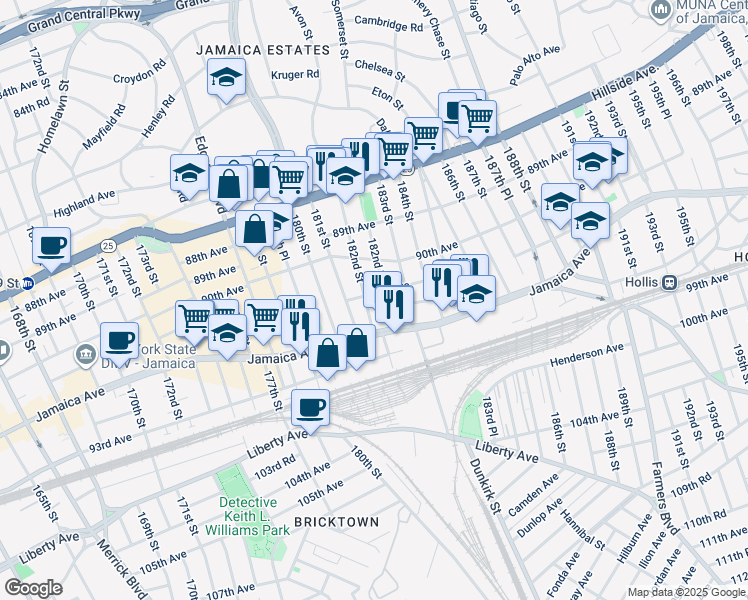 map of restaurants, bars, coffee shops, grocery stores, and more near 182-10 91st Avenue in Queens