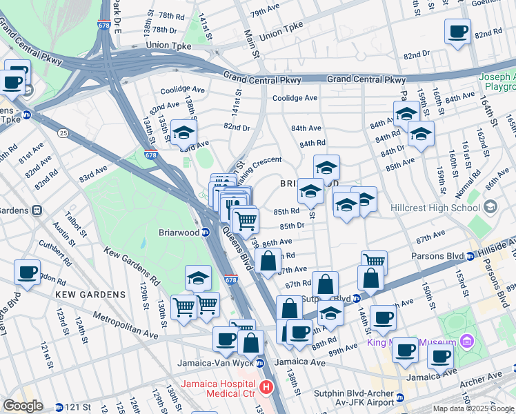 map of restaurants, bars, coffee shops, grocery stores, and more near 140-17 84th Drive in Queens