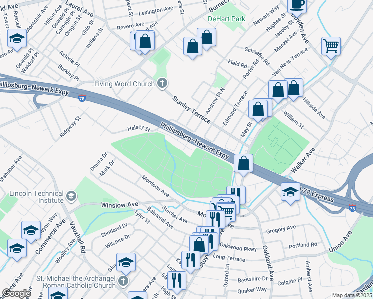 map of restaurants, bars, coffee shops, grocery stores, and more near 1535 Andrew Street South in Union