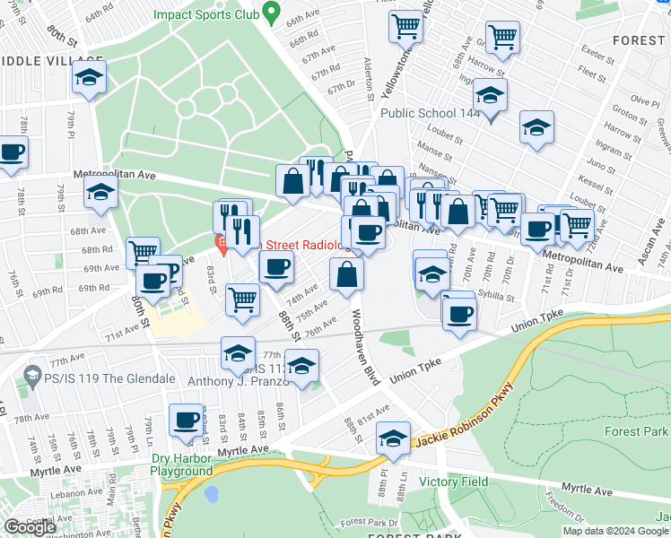 map of restaurants, bars, coffee shops, grocery stores, and more near 89-23 74th Avenue in Queens