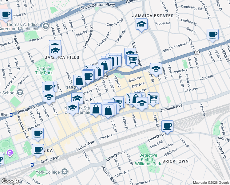 map of restaurants, bars, coffee shops, grocery stores, and more near 89th Avenue in Queens