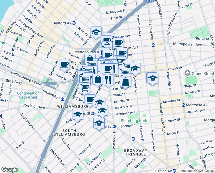 map of restaurants, bars, coffee shops, grocery stores, and more near 392 South 1st Street in Brooklyn