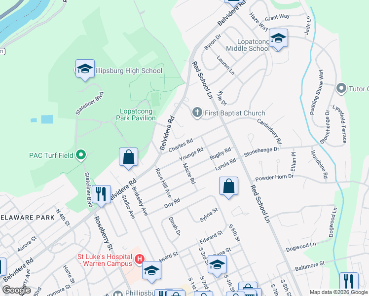 map of restaurants, bars, coffee shops, grocery stores, and more near 706 Charles Road in Phillipsburg
