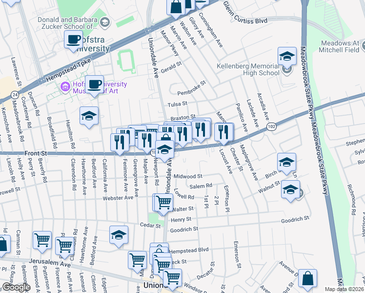 map of restaurants, bars, coffee shops, grocery stores, and more near 1049 Front Street in Uniondale