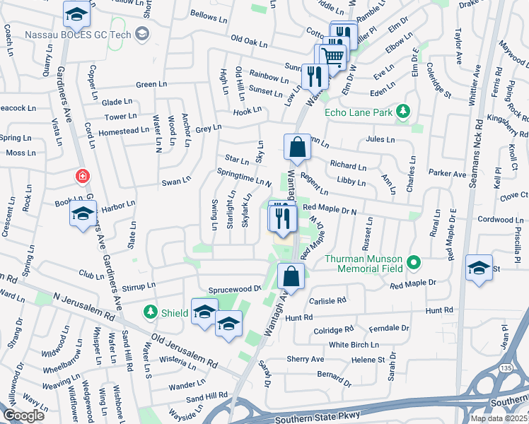 map of restaurants, bars, coffee shops, grocery stores, and more near 15 Springtime Lane South in Levittown
