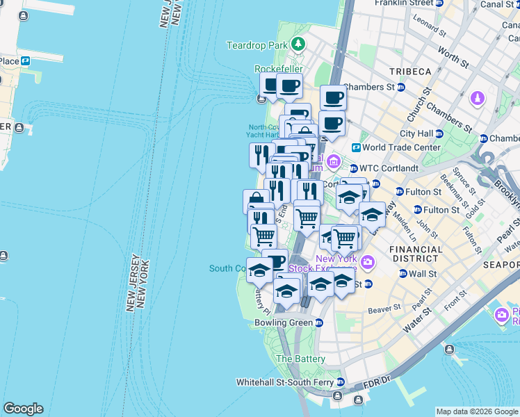 map of restaurants, bars, coffee shops, grocery stores, and more near 377 Rector Place in New York