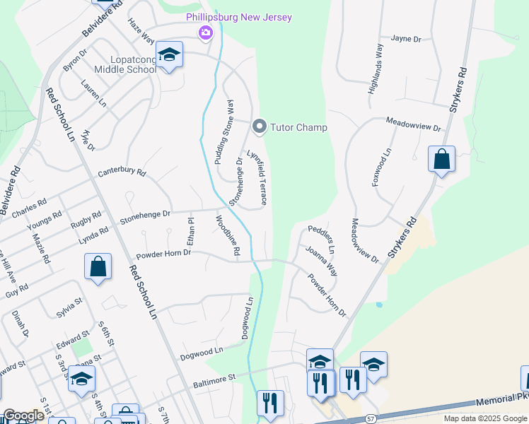 map of restaurants, bars, coffee shops, grocery stores, and more near 34 Lynnfield Terrace in Phillipsburg