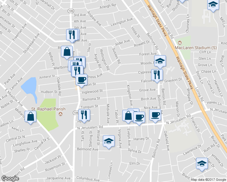 map of restaurants, bars, coffee shops, grocery stores, and more near 2602 Inglewood Street in East Meadow