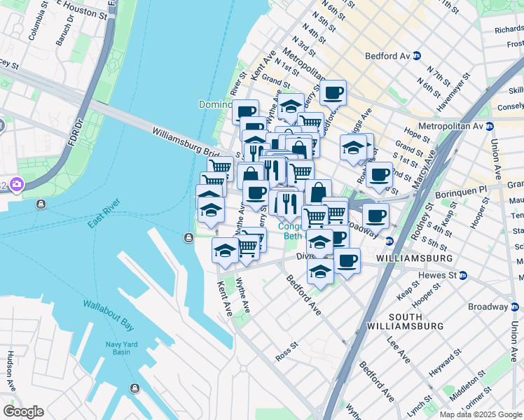 map of restaurants, bars, coffee shops, grocery stores, and more near 390B Berry Street in Brooklyn