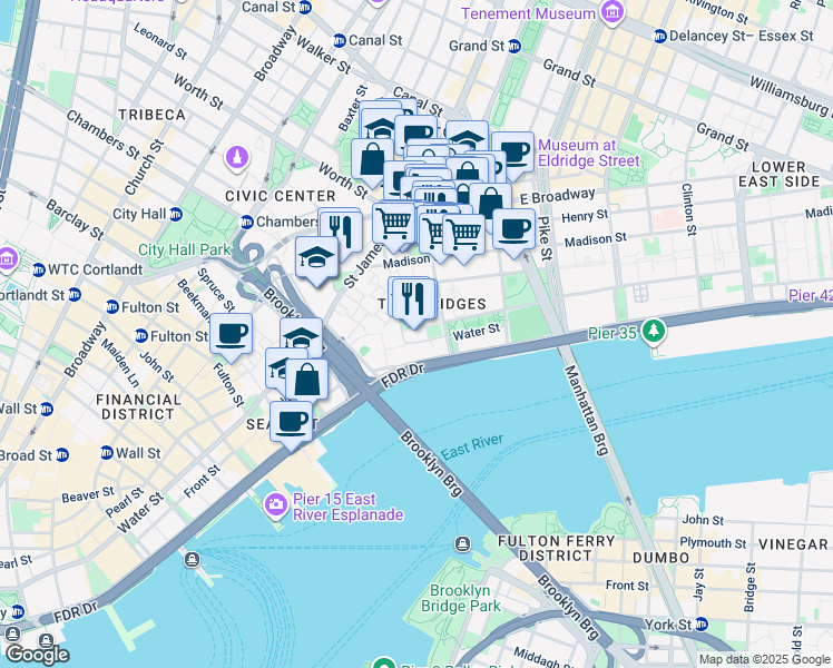 map of restaurants, bars, coffee shops, grocery stores, and more near 10 Catherine Slip in New York