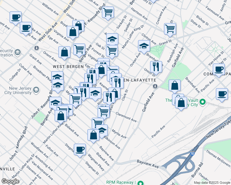 map of restaurants, bars, coffee shops, grocery stores, and more near 687 Ocean Avenue in Jersey City