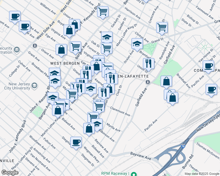 map of restaurants, bars, coffee shops, grocery stores, and more near 687 Ocean Avenue in Jersey City