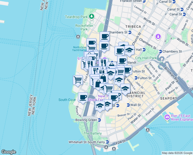 map of restaurants, bars, coffee shops, grocery stores, and more near Albany Street in New York