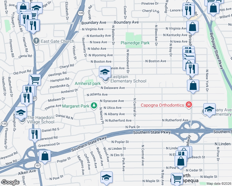 map of restaurants, bars, coffee shops, grocery stores, and more near 473 North Atlanta Avenue in Massapequa