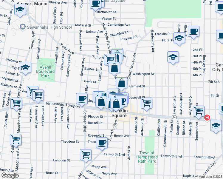 map of restaurants, bars, coffee shops, grocery stores, and more near 1000 Maxwell Street in Franklin Square