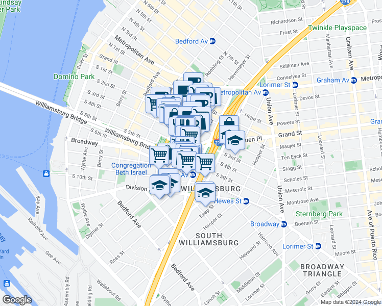 map of restaurants, bars, coffee shops, grocery stores, and more near 252 South 4th Street in Brooklyn