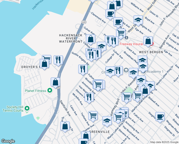 map of restaurants, bars, coffee shops, grocery stores, and more near 176 West Side Avenue in Jersey City