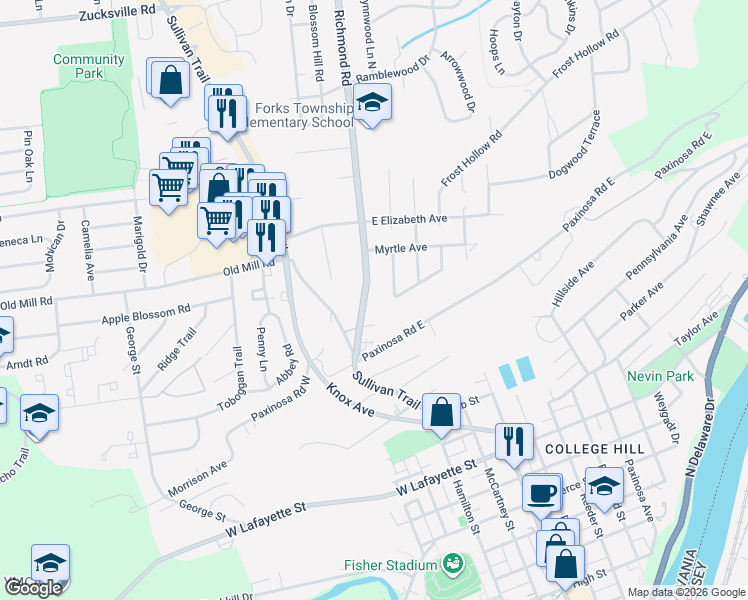 map of restaurants, bars, coffee shops, grocery stores, and more near 1333 State Route 2021 in Easton