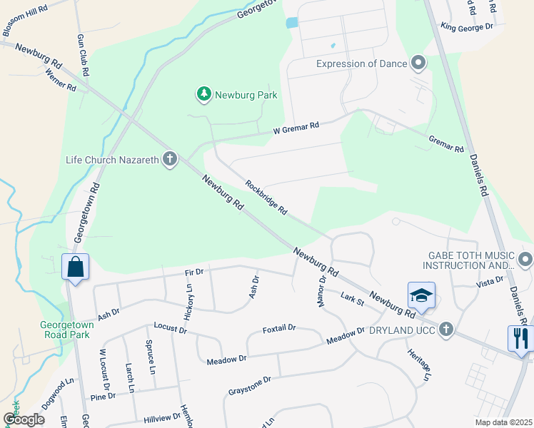 map of restaurants, bars, coffee shops, grocery stores, and more near 4528 Newburg Road in Nazareth