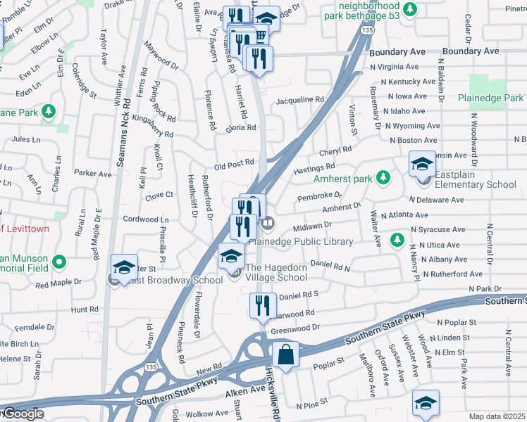 map of restaurants, bars, coffee shops, grocery stores, and more near 1304 Hicksville Road in Massapequa