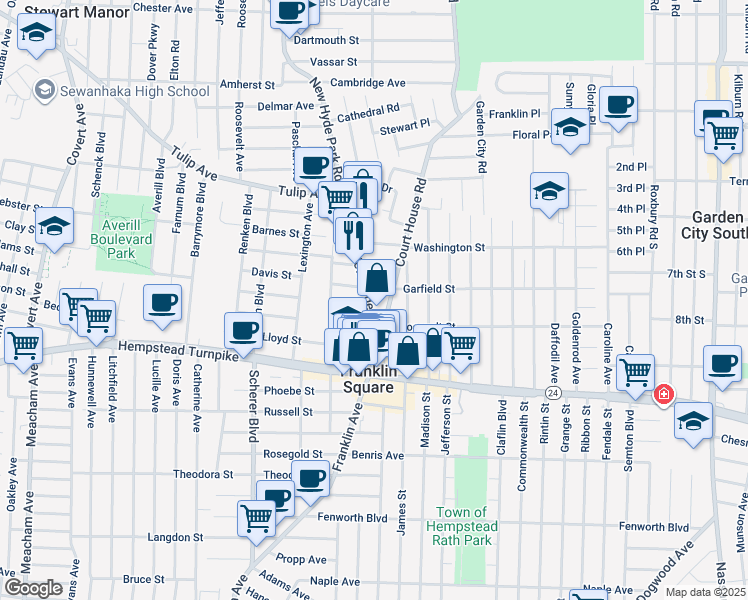 map of restaurants, bars, coffee shops, grocery stores, and more near 88 New Hyde Park Road in Franklin Square