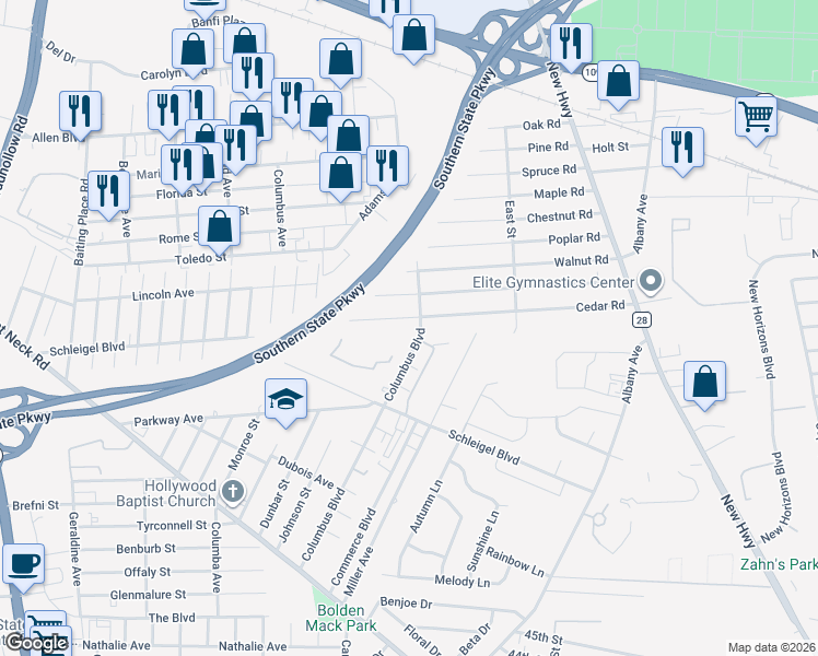 map of restaurants, bars, coffee shops, grocery stores, and more near 96 Cedar Rd in Amityville