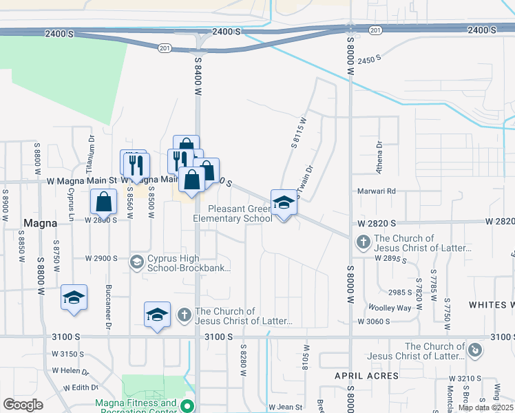 map of restaurants, bars, coffee shops, grocery stores, and more near 8241 2700 south in Magna