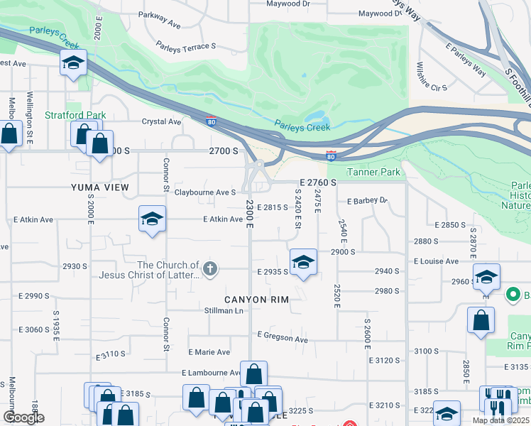 map of restaurants, bars, coffee shops, grocery stores, and more near 2338 E 2815 S in Salt Lake City