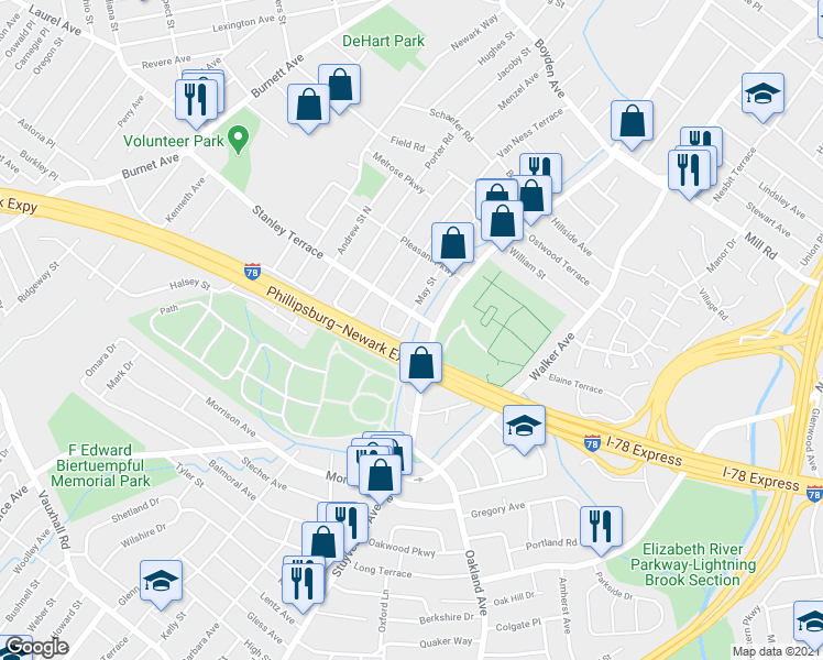map of restaurants, bars, coffee shops, grocery stores, and more near 1986 Myrtle Street in Union