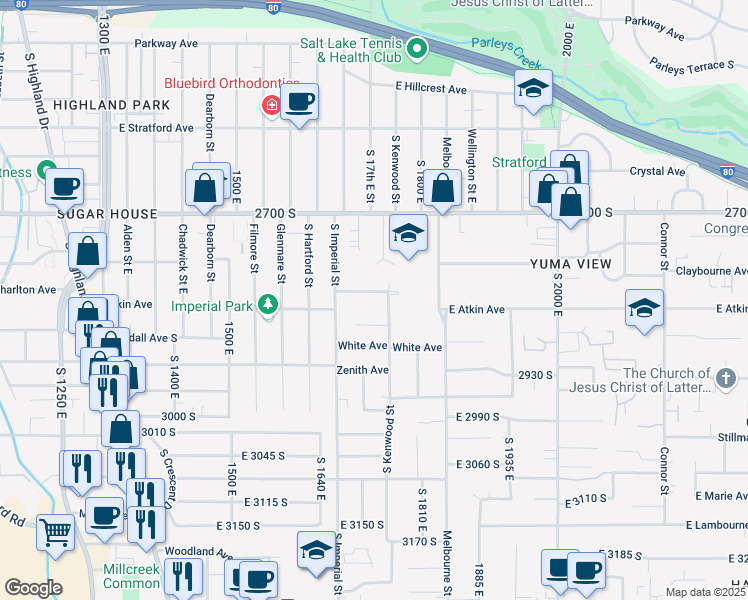 map of restaurants, bars, coffee shops, grocery stores, and more near 1718 East Atkin Avenue in Salt Lake City
