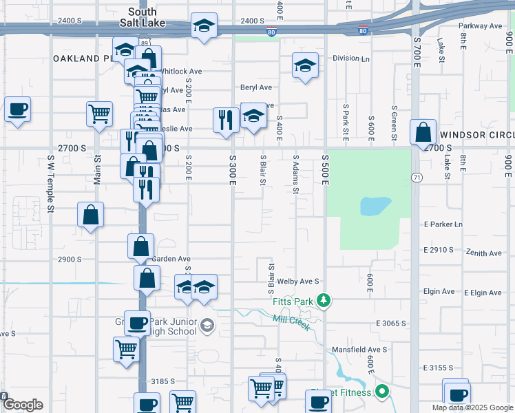 map of restaurants, bars, coffee shops, grocery stores, and more near 2815 South Blair Street in Salt Lake City