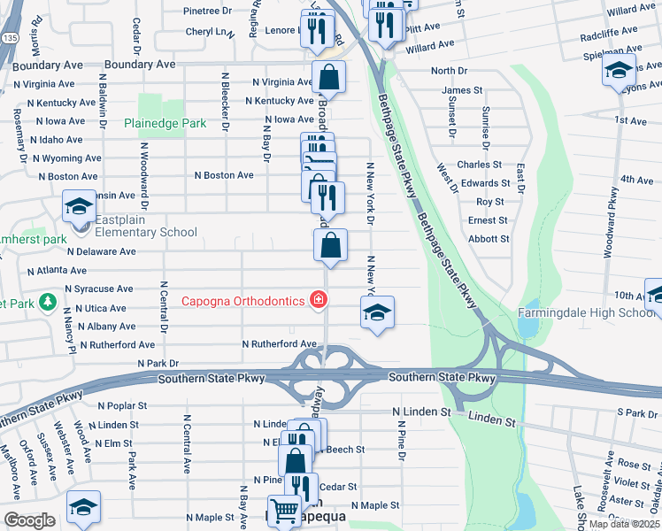 map of restaurants, bars, coffee shops, grocery stores, and more near 1042 North Broadway in North Massapequa