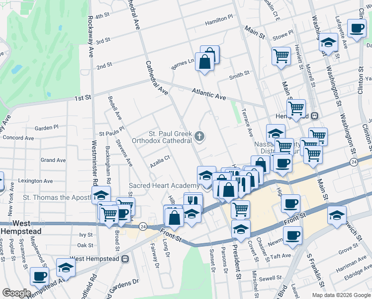 map of restaurants, bars, coffee shops, grocery stores, and more near 130 Saint Pauls Road North in Hempstead