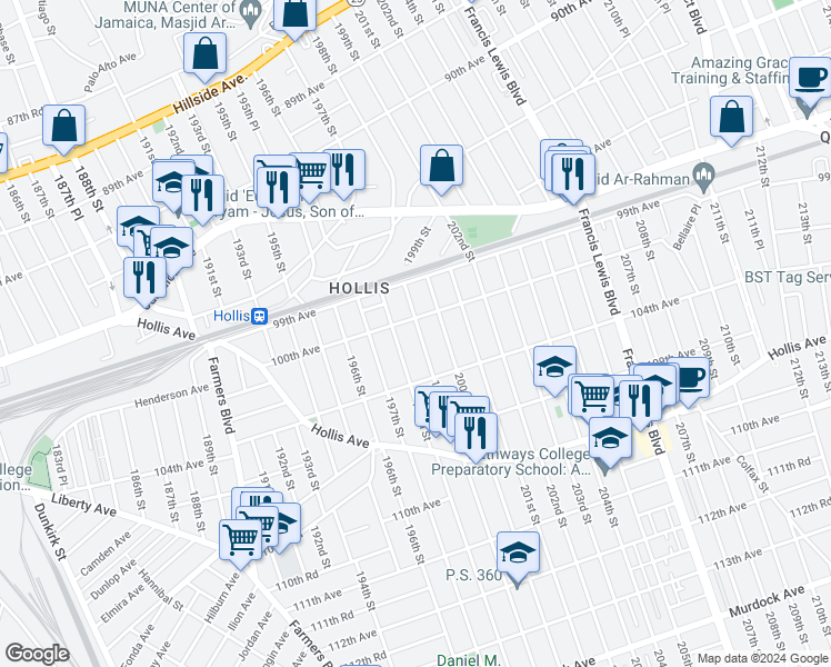 map of restaurants, bars, coffee shops, grocery stores, and more near 198-02 100th Avenue in Queens