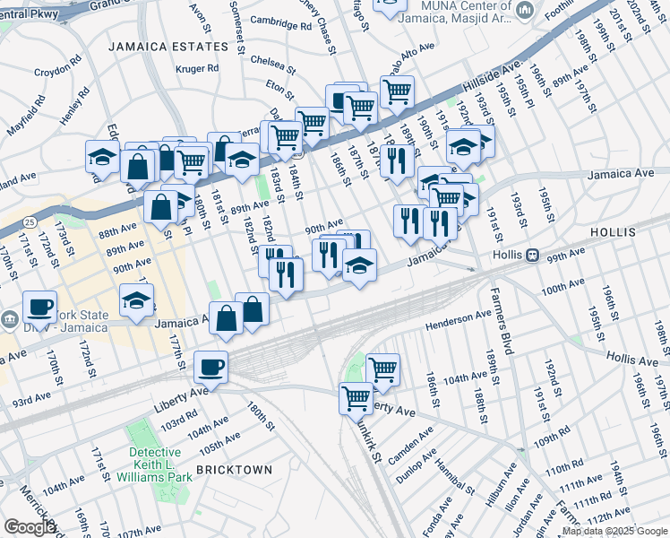map of restaurants, bars, coffee shops, grocery stores, and more near 9119 184th Street in Queens