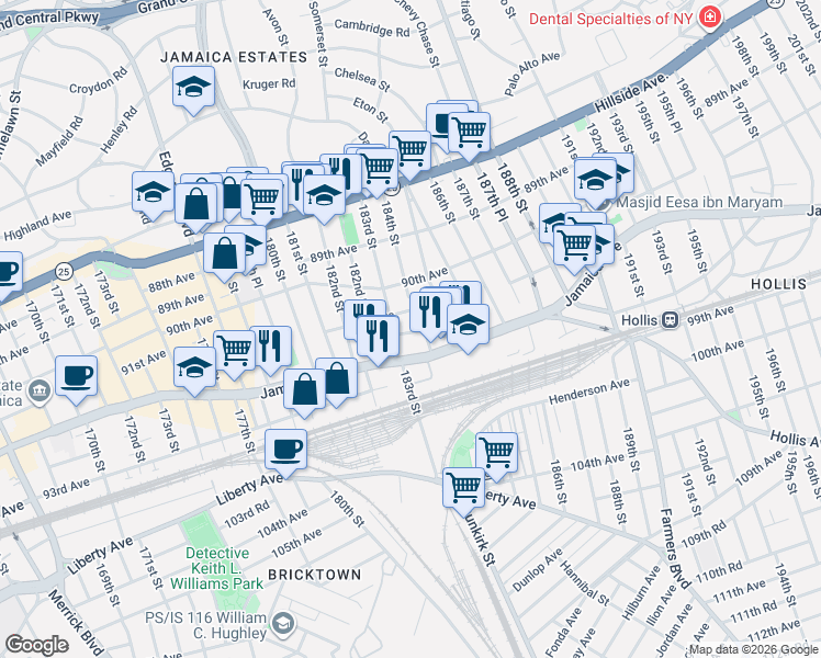 map of restaurants, bars, coffee shops, grocery stores, and more near 91-09 183rd Street in Queens
