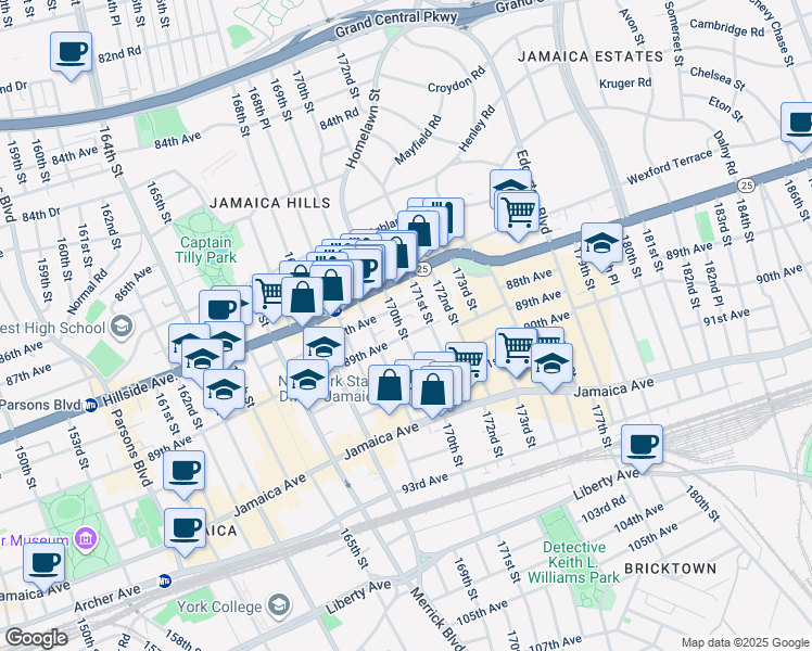 map of restaurants, bars, coffee shops, grocery stores, and more near 88-15 170th Street in Queens