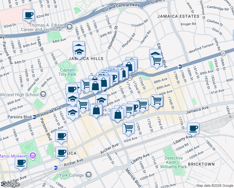 map of restaurants, bars, coffee shops, grocery stores, and more near 169-4 88th Avenue in Queens