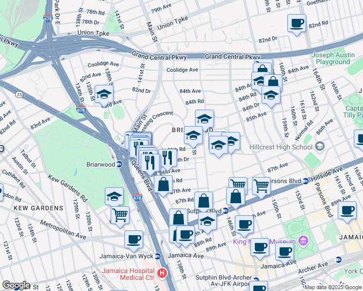 map of restaurants, bars, coffee shops, grocery stores, and more near 141-41 85th Road in Queens