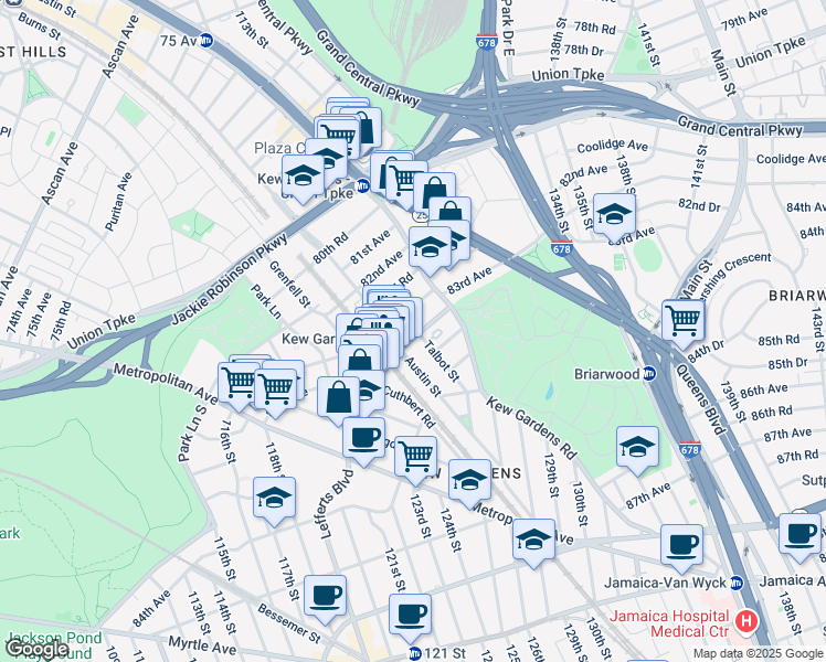 map of restaurants, bars, coffee shops, grocery stores, and more near 80-32 Lefferts Boulevard in Queens