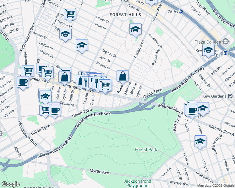 map of restaurants, bars, coffee shops, grocery stores, and more near 106-15 Metropolitan Avenue in Queens