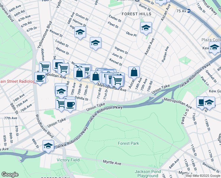 map of restaurants, bars, coffee shops, grocery stores, and more near 10478 Metropolitan Avenue in Queens