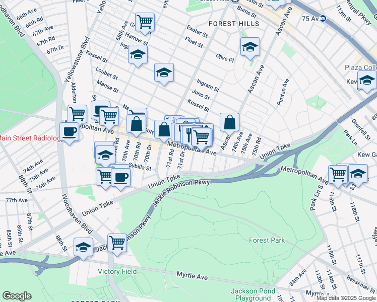map of restaurants, bars, coffee shops, grocery stores, and more near 10478 Metropolitan Avenue in Queens