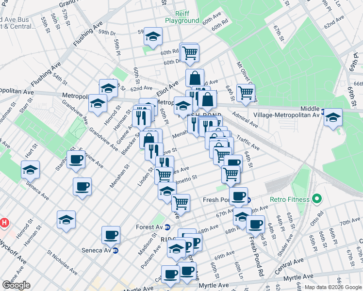 map of restaurants, bars, coffee shops, grocery stores, and more near 6353 60th Place in Queens