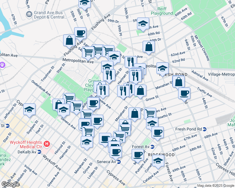 map of restaurants, bars, coffee shops, grocery stores, and more near 483 Grandview Avenue in Queens
