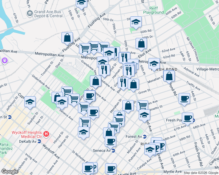 map of restaurants, bars, coffee shops, grocery stores, and more near 483 Grandview Avenue in Queens